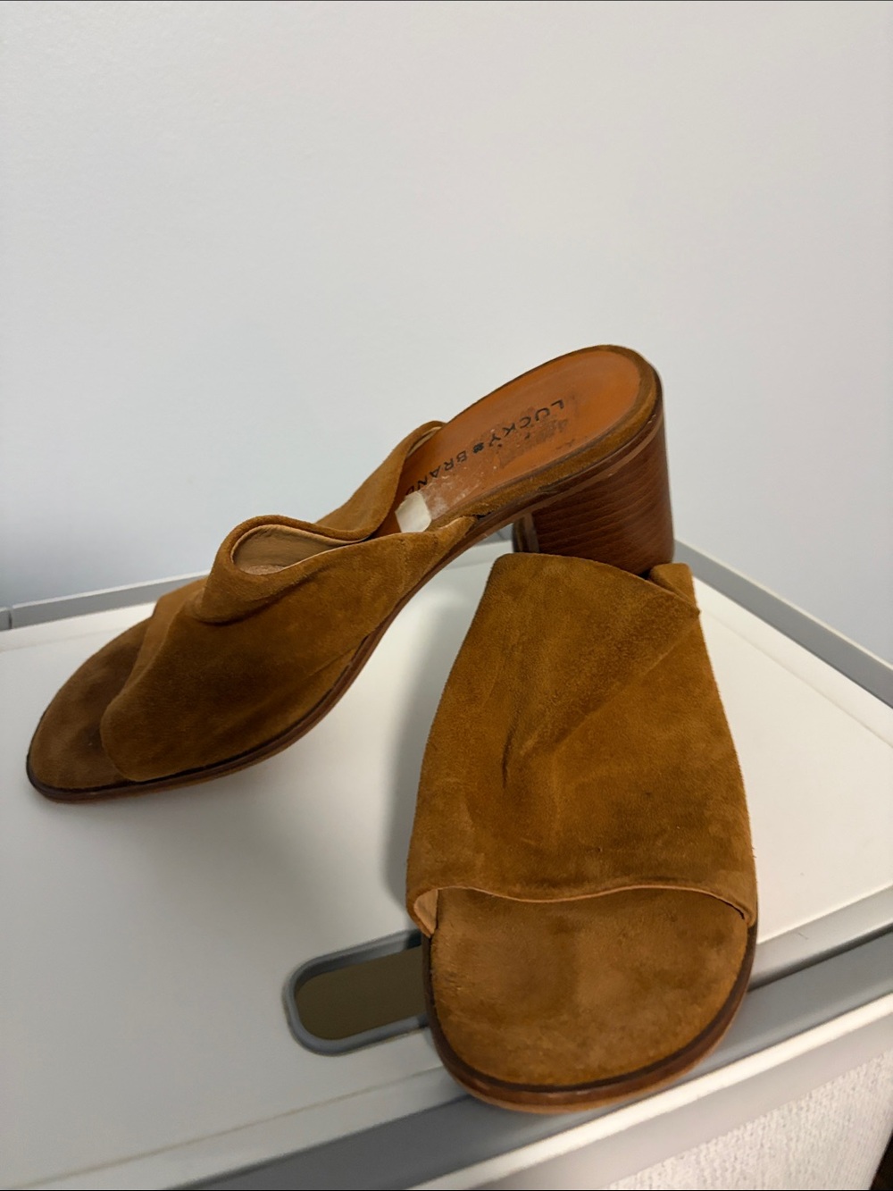 Lucky Brand Cognac Suede Slide Mules with Stacked Heel